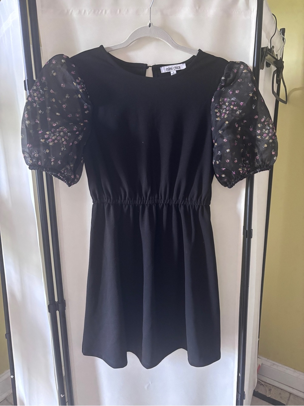 Mimi Chica Black Dress with Floral Puff Sleeves